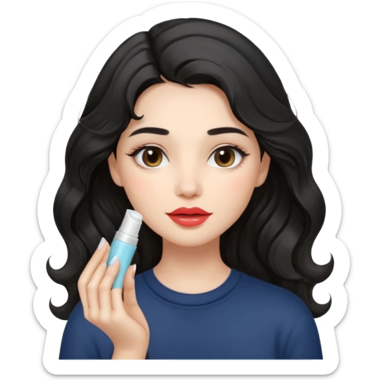 “Girl with light-black wavy hair, soft and flowing. She holds a asthetic lip balm just near her lips, about to apply it. The lip balm gives her lips a subtle glossy shine, making them look smooth, hydrated, and naturally prettyy sticker