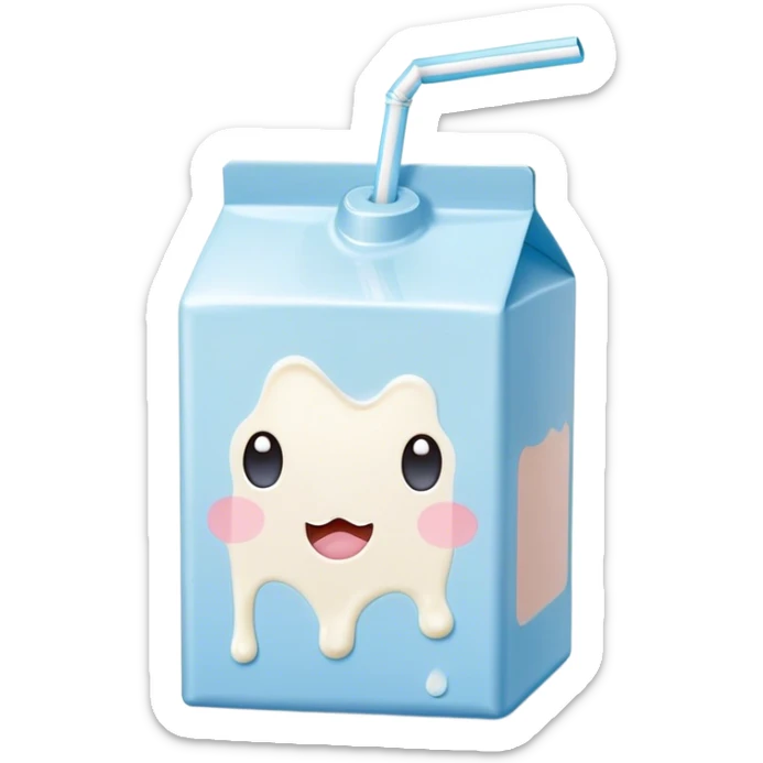 Cute Kawaii Milk Carton, small and boxy, bright pastel blue and white, blushing cheeks, a tiny straw poking out, soft glowing highlights, adorable farm-fresh cuteness! sticker
