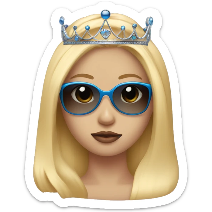 Girl with long blonde hair, blue eyes, sunglasses that cover her eyes and cherry lipstick and a crown sticker
