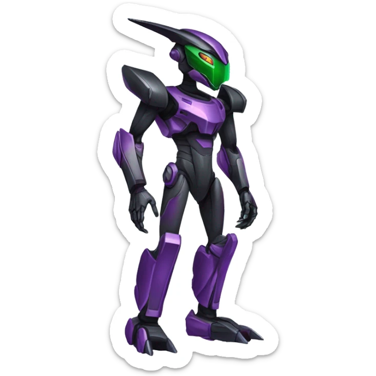 a shiny black-green-purple Genesect-Raptor-Fakémon-Medabot-hybrid with a futuristic visor-helmet full body sticker