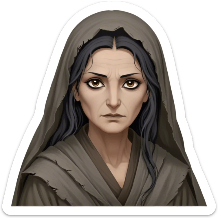 Mirri Maz Duur is a weathered, age 50 Lhazareen woman with deep-set dark eyes, high cheekbones, and a sharp nose, giving her a stern, knowing expression. Her long, unkempt dark hair streaked with gray falls loosely over her shoulders, and her earth-toned, tattered robes mark her as a humble healer. Despite her frail appearance, she exudes an aura of mystery and menace, her hands stained with herbs and blood from both healing and dark sorcery. sticker