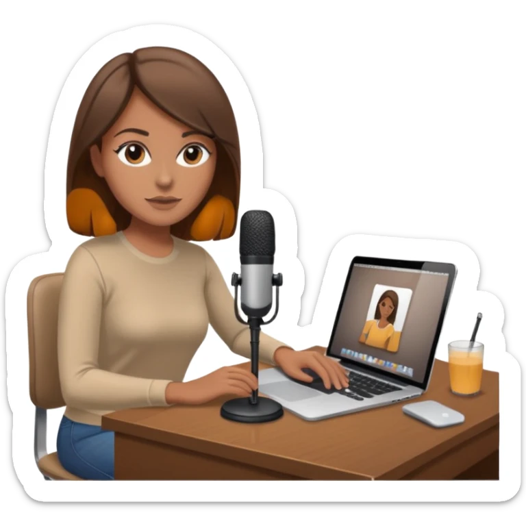 tanned brown hair woman, sat at desk with MacBook, podcast microphone bleige top and beige, sexy, glass table sticker