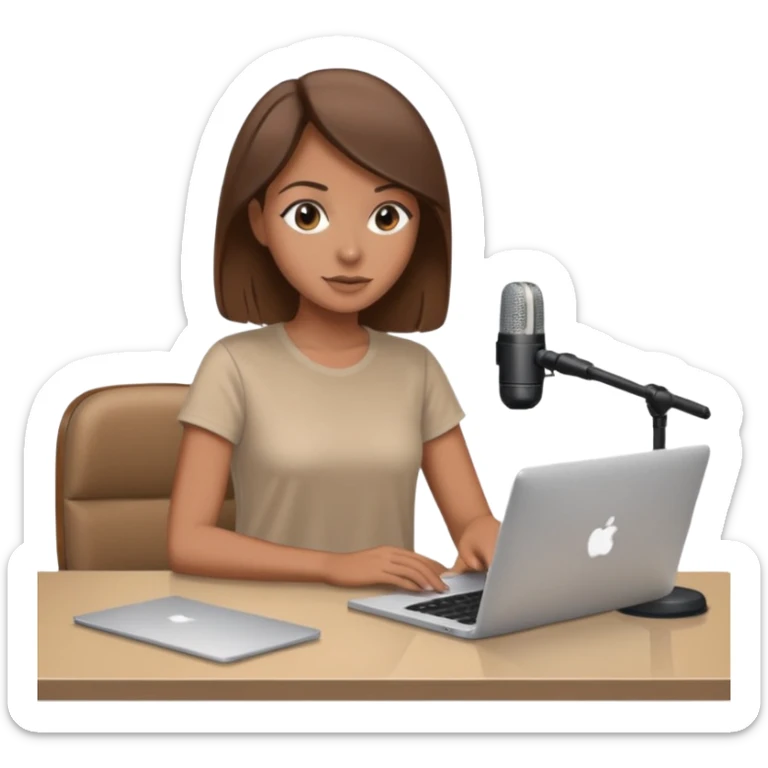 tanned brown hair woman, sat at desk with MacBook, podcast microphone bleige top and beige, sexy, glass table sticker