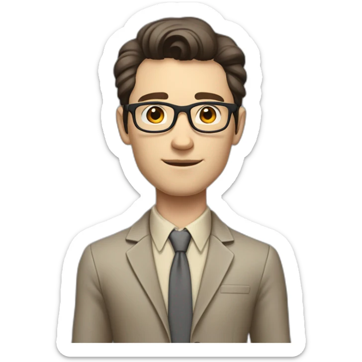 Full height Pale skinned fit man with dark brown hair in gray jacket, beige office shirt, brown tie, brown pants and vintage glasses. His right hand stretched out sticker