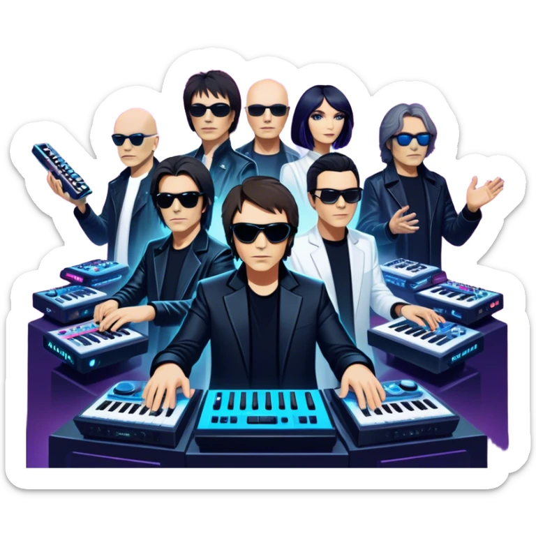 Icon for Electronic Music: Jean-Michel Jarre, Moby, DJ Tiesto, and Jorn van Deynhoven performing with synthesizers, turntables, and futuristic lighting effects. The design should evoke the vibrant and immersive atmosphere of electronic music festivals. Transparent background. sticker