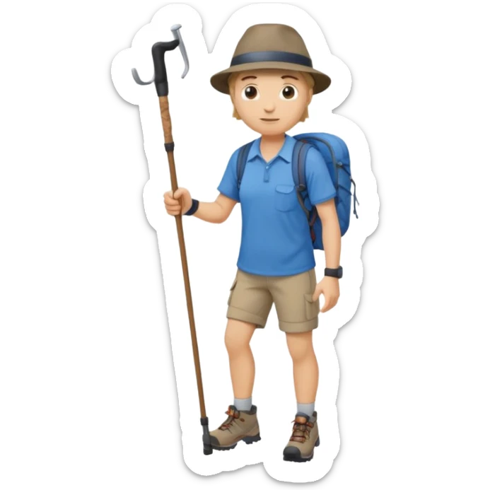a full-body hiker with a hat blue shirt and hiking stick.hiking a mountain sticker
