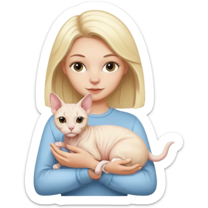 A white girl with blonde hair is holding a white Sphynx cat in her arms sticker