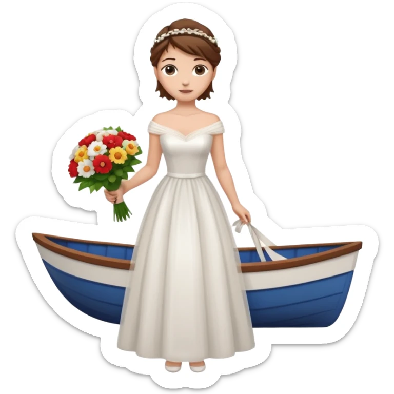 Chica blanca,cuerpo entero, vestido boda cuello barco, pelo castaño,   1 ramo de flores , pelo recogido con mechones sticker