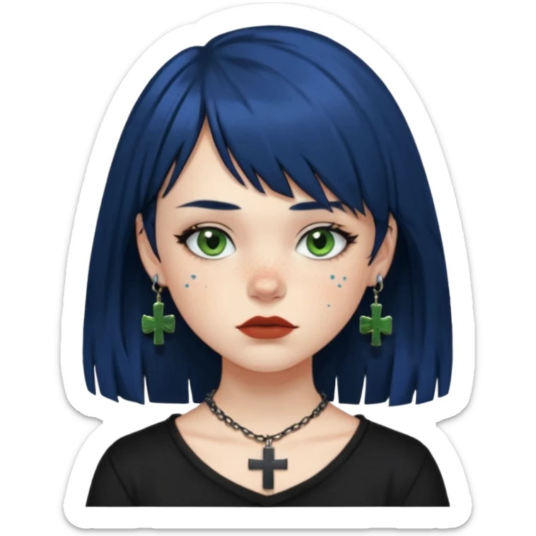 “Make an emoji of a girl with freckles on her cheeks, dark blue hair, greenish-brown eyes (more on the green side), black clothes, medium-sized lips, side curtain bangs, a punk cross necklace, and an Affliction shirt. sticker