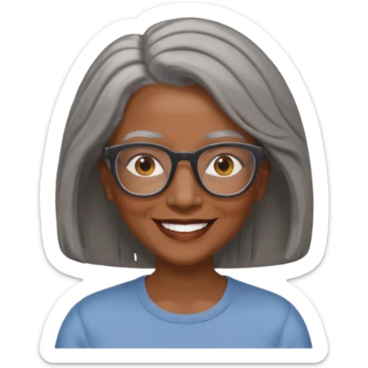 Older woman of color with gray shoulder length  hair and glasses and smiling sticker