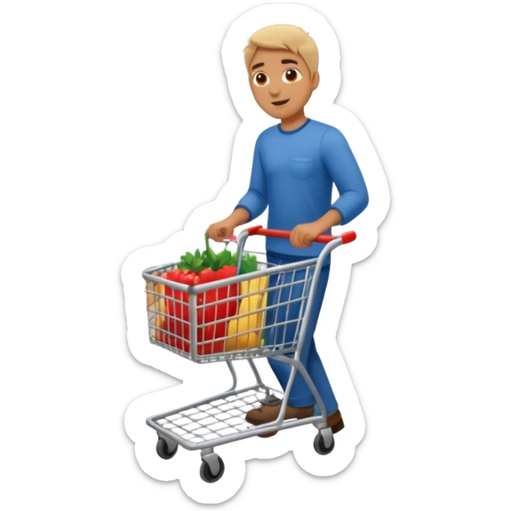 full body of a man pushing a shopping cart inside a supermarket sticker