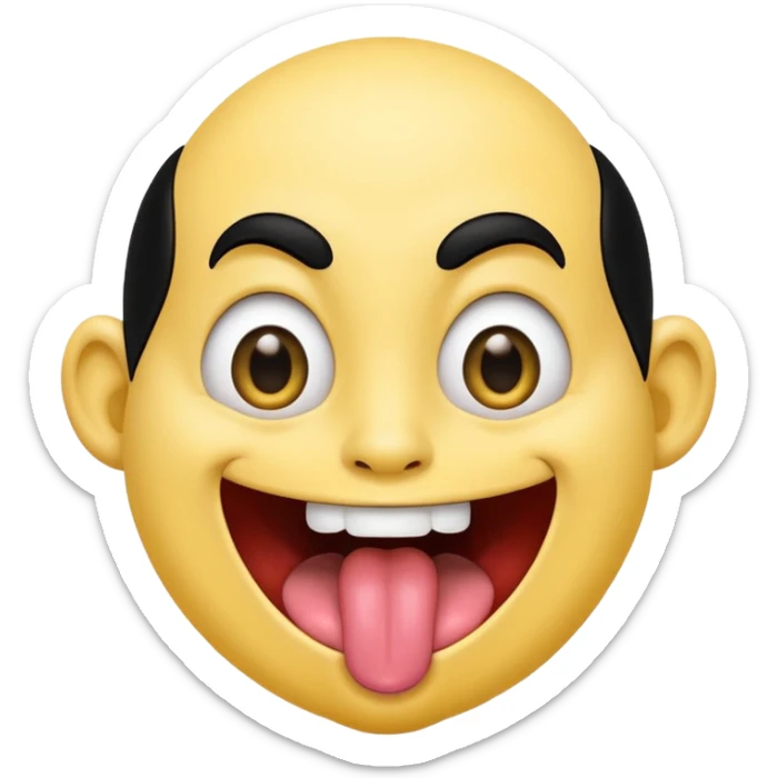 Freaky yellow face emoji smiling really big with huge tongue out and eyes wide open. Tongue should is wagging back and forth. Give him a head of black hair sticker