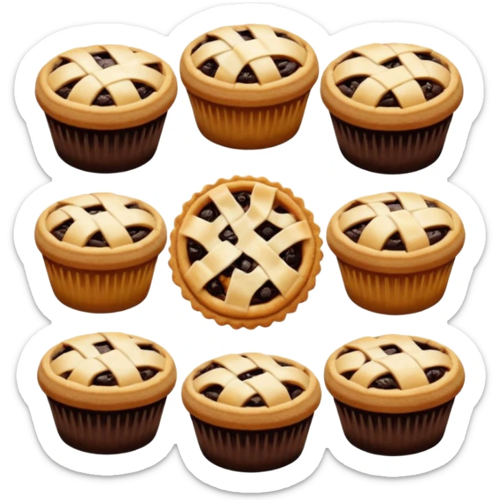 Baking community avatar in clean emoji-style illustration. Pies, cookies, and muffins grouped together, warm golden tones, simple shapes, flat design, high contrast, cozy and friendly. sticker