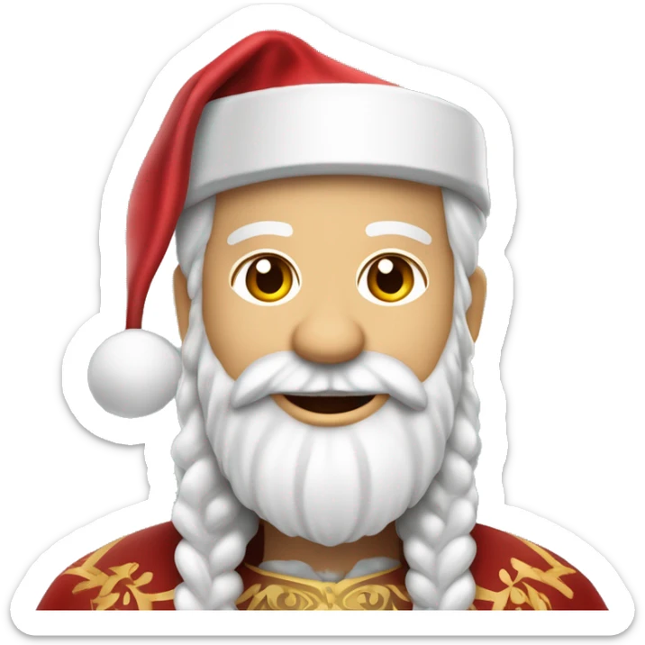Maak een vrolijke emoji van Sinterklaas met een lange witte baard, een mijter op zijn hoofd, een rode mantel en staf. Zijn gezicht moet vriendelijk zijn, met een feestelijke uitstraling sticker
