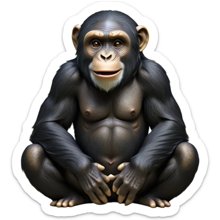 cinematic-noble chimpanzee-realistic-full-body-sitting-emoji,-long-powerful-arms-resting-on-its-knees,-expressive-dark-eyes-filled-with-intelligence-and-curiosity,-coarse-black-fur-textured-and-detailed,-softly-wrinkled-face-hinting-at-a-mischievous-smile,-slightly-open-mouth-showing-a-glimpse-of-teeth,-simplified-yet-realistic-focused-features,-highly-detailed,-glowing-with-a-warm-jungle-light

 sticker
