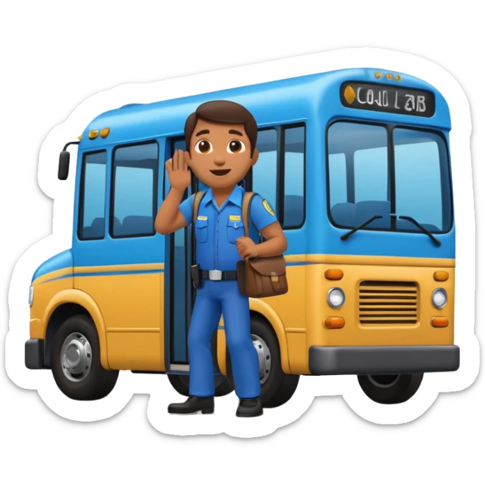 3D emoji of a Peruvian bus fare collector (“cobrador”), leaning out of a urban blue bus. door calling passengers, dynamic pose, urban street vibe, vibrant colors, bold outlines, sticker illustration, transparent background sticker