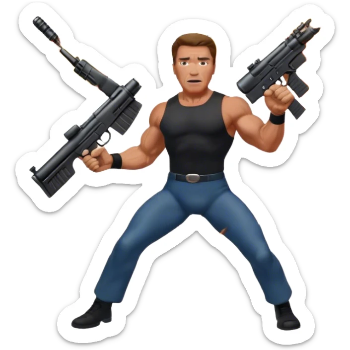 Icon for Action Movies: Arnold Schwarzenegger in the lead role, in an intense action pose with weapons, explosions, and dramatic background. The design should evoke the classic action movie feel with muscle-bound heroes and high-energy sequences. Transparent background. sticker
