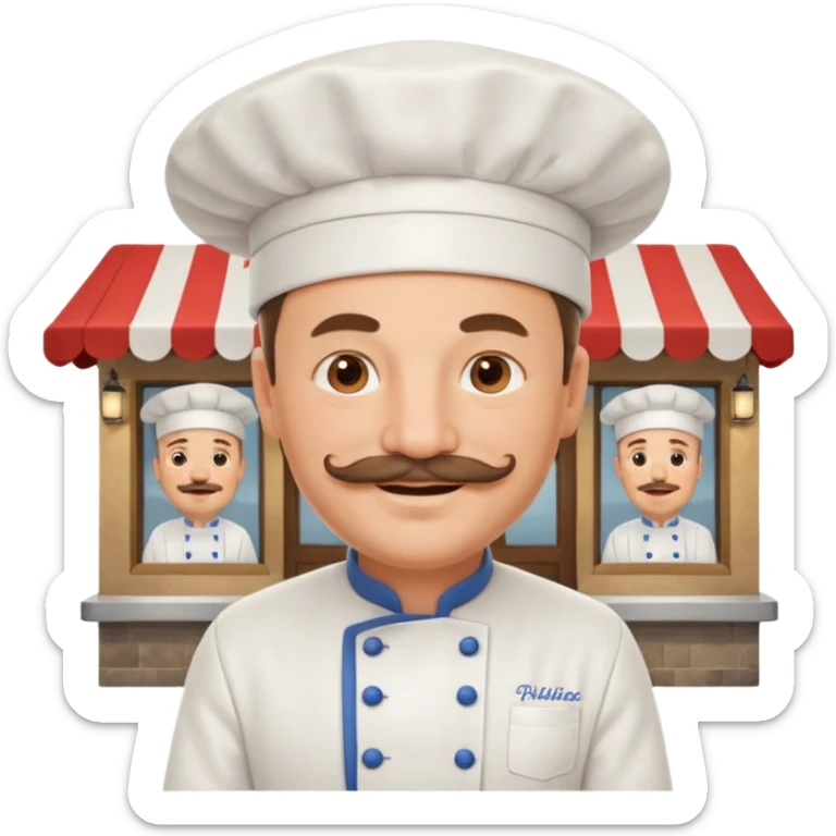 Est-ce que tu peux me faire un chef cuistot qui ressemble à Philippe Etchebest et qui est devant un restaurant? Est-ce que tu peux le faire souriant, avec une moustache de cuistot? 
 sticker