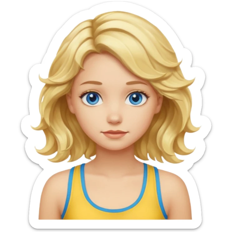 Girl with blonde wavy hair and blue eyes wearing a yellow tank top sticker