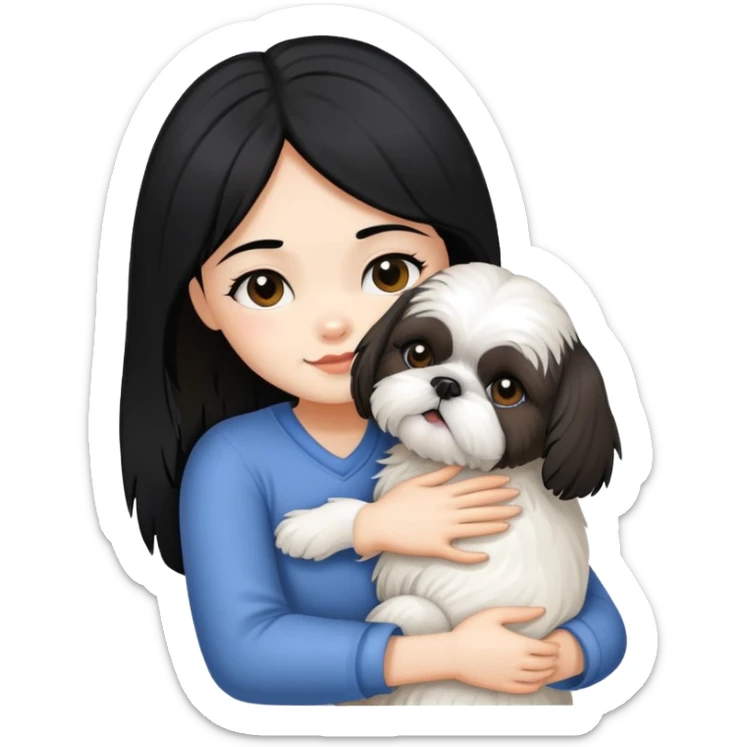 A girl with black hair hugging a Shih Tzu dog sticker