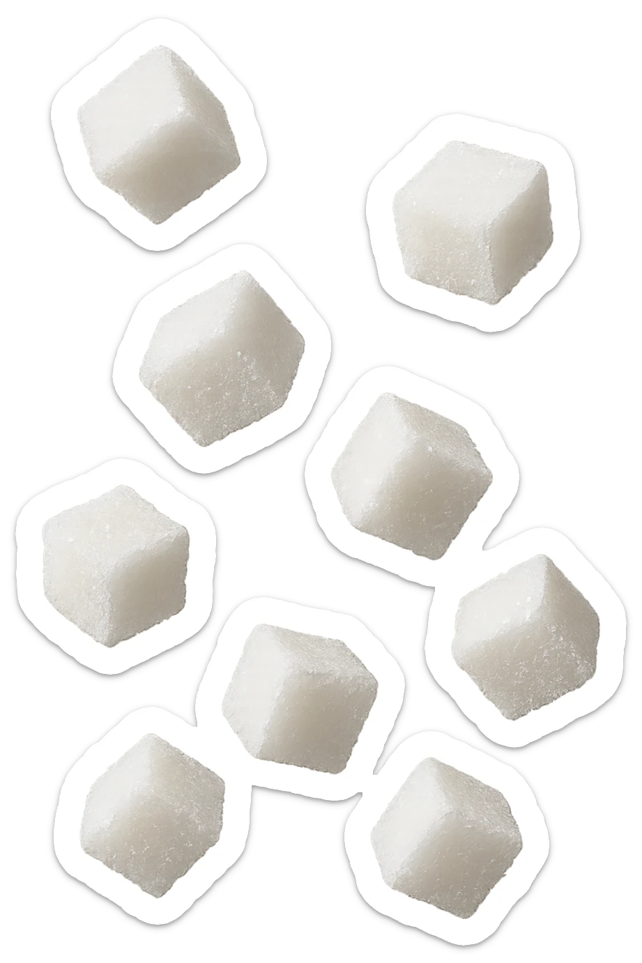 emoji stile iphone di zollette di zucchero che fluttuano in aria, iperrealistico 4k, isolato su sfondo bianco sticker