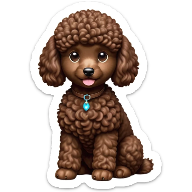 cinematic-[poodle]-realistic-full-body-sitting-emoji,-tail-resting-loosely-beside-its-paws,-head-tilted-dramatically, -curly-[chocolate]-fur,-simplified-yet-realistic-focused-features,-highly-detailed,-glowing-with-an-almost-sarcastic-glow sticker