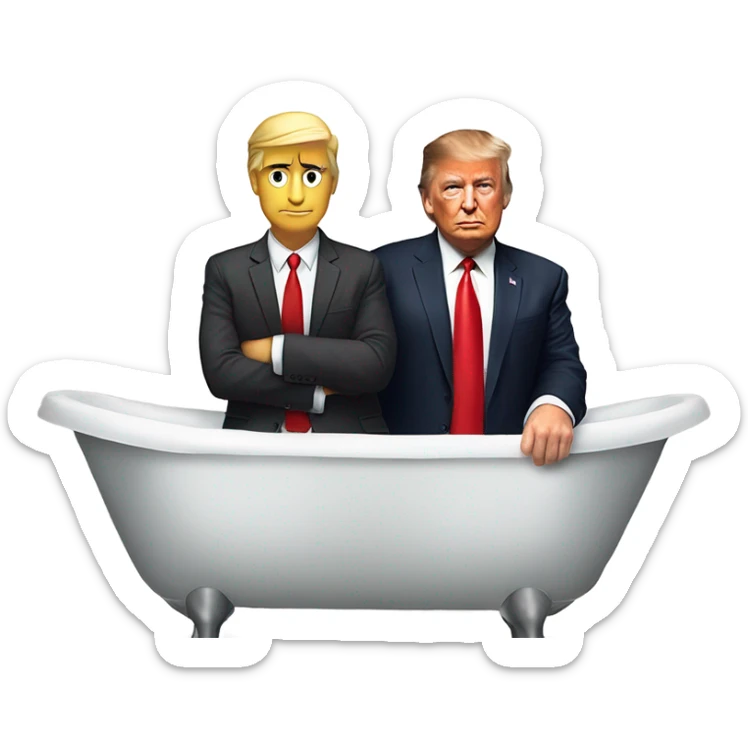 President Donald Trump wearing a suit and red tie in the bath tub with Raymond Falack  sticker