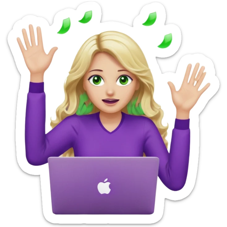 lady with long wavy blonde hair, purple top, green eyes, throwing her with a purple mac laptop hands in the air crying sticker