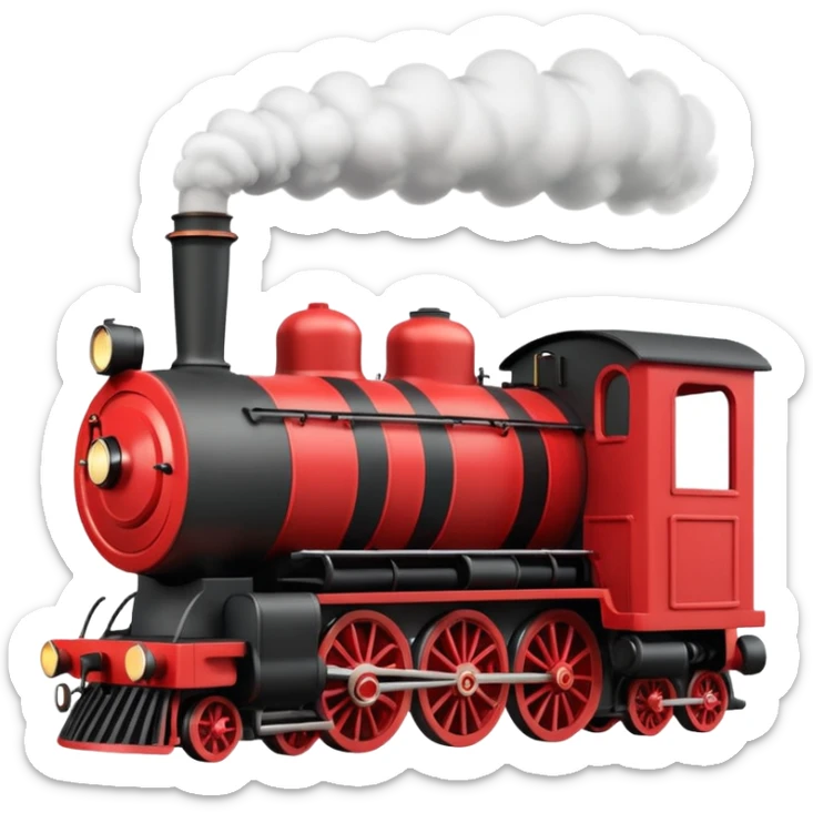 A 3D cartoon classic steam locomotive with a chimney releasing smoke, red and black body, bright sky background, Memoji-style rendering. sticker
