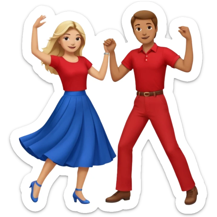 Two people dancing. Man in red shirt and  red pants with brown hair. Women in blue shirt and long skirt with blond hair. sticker