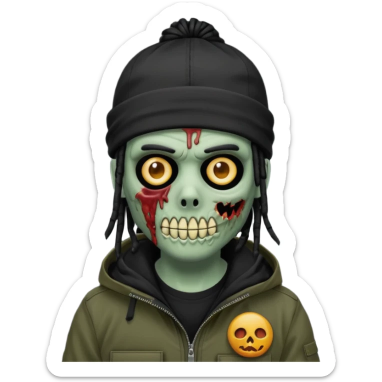 a zombie emoji with black dreads and a black carheartt jacket and black nike ski mask on his head sticker