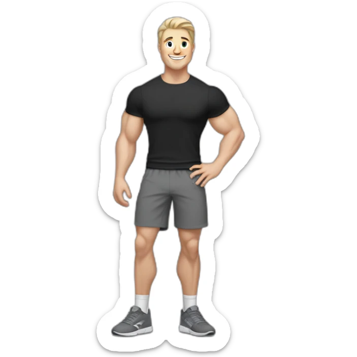 Joyful Pale skinned Fit Man With the biceps and dark brown hair in black shirt, gray sports shorts and white Sneakers sticker