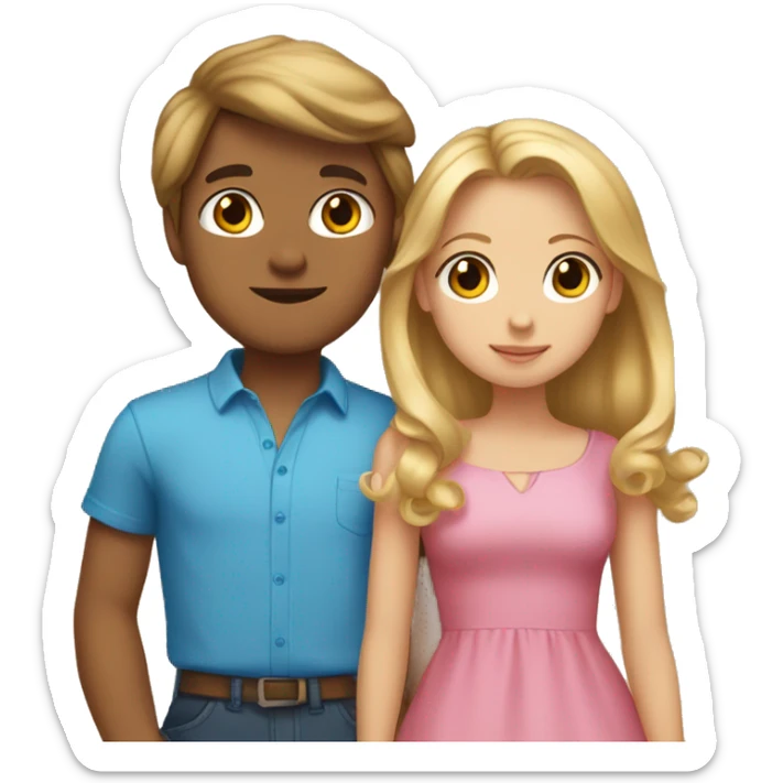 boy with blue shirt, brown hair, medium skin kissing girl with long pink dress, blonde hair, hair bow, light skin  sticker