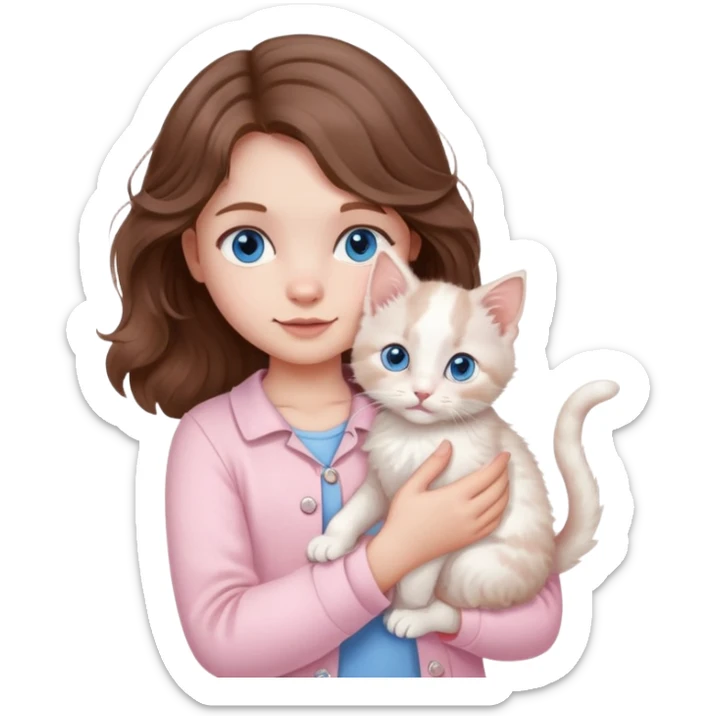 A little girl with wavy brown hair and blue eyes and pale pink clothes holds a white kitten sticker