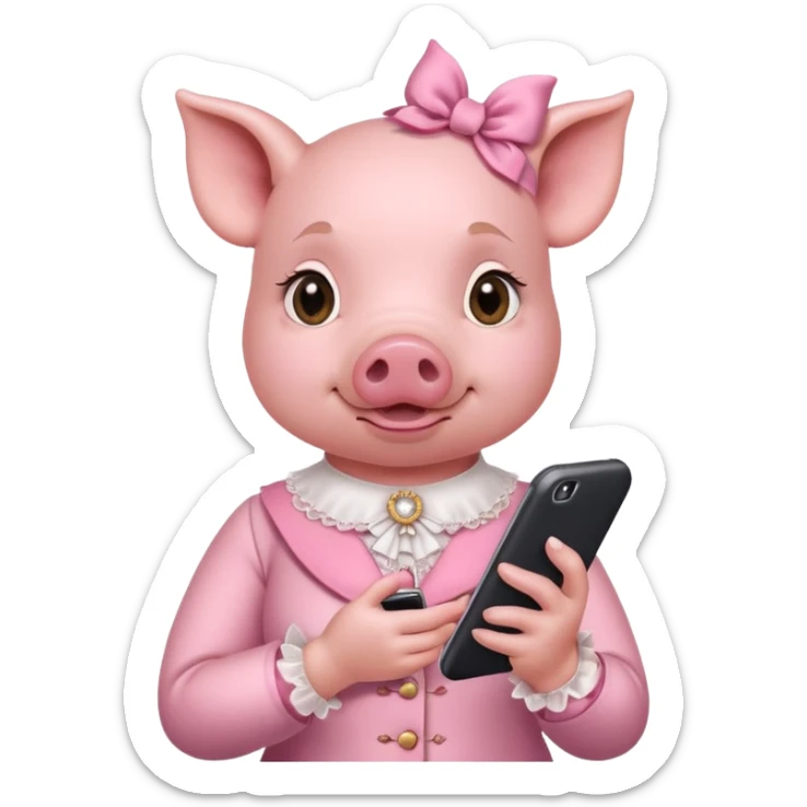 girl pig in victorian pink finery scrolling on a cell phone sticker