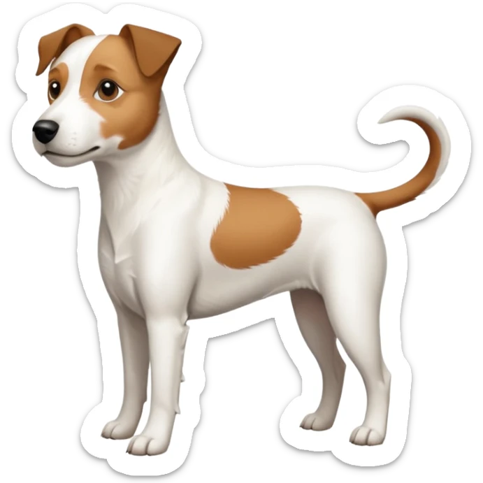 a full body large white parson russell terrier looking dog the size of a kelpie with light brown ears and a light brown patch on one eye and a large snout sticker