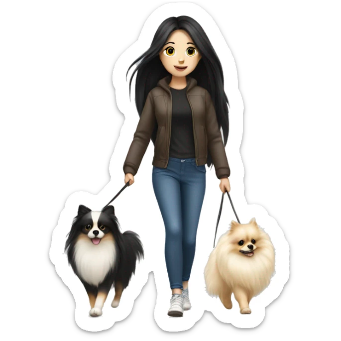 pale girl with long black hair walking with pomeranian sticker