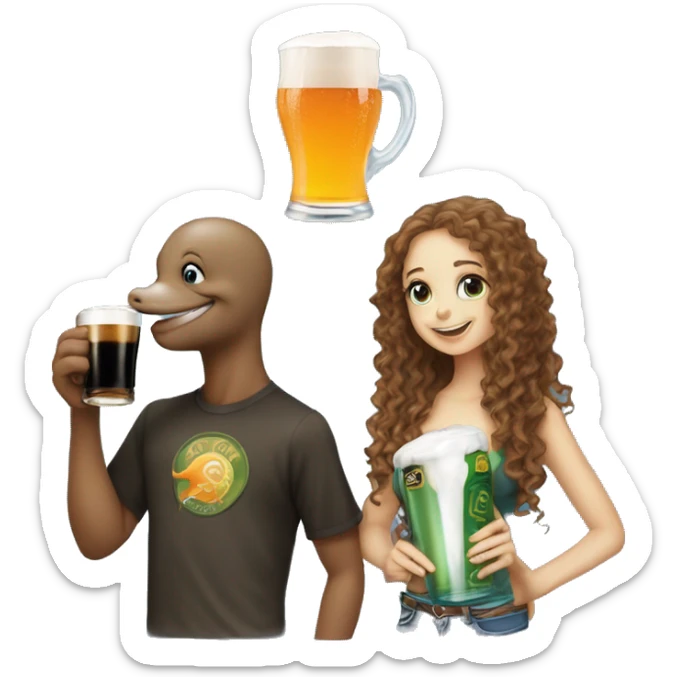 Male dolphin drinking a pint of guiness sat next to a girl dolphin with long curly hair drinking a j2o both surrounded by lots of the word “or” sticker