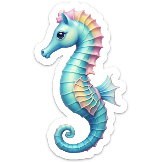 Cinematic Noble Sea Horse Portrait Emoji, Poised and enchanting, with a delicate, slender body in soft pastel hues, a gracefully curled tail and large, expressive eyes radiating gentle wonder, Simplified yet charmingly cute features, highly detailed, glowing with a soft, magical aquatic luminescence, high shine, intelligent and endearing, stylized with an air of whimsical marine grace, focused and poised, soft glowing outline, capturing the essence of a watchful and confident seahorse that appears ready to drift out of the screen with delightful charm! sticker