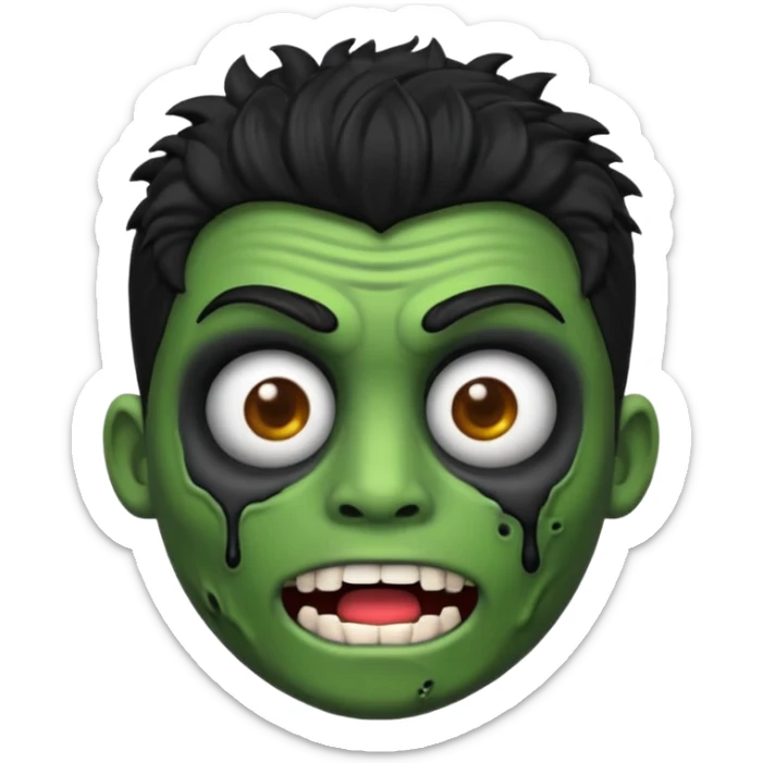 Quero um emoji de zumbi masculino, com cabelo preto, estilo desenho 3D como emoji, na mesma pose com as mãos levantadas para frente, expressão de zumbi com boca aberta e olhos meio caídos, pele verde acinzentada e roupa rasgada sticker