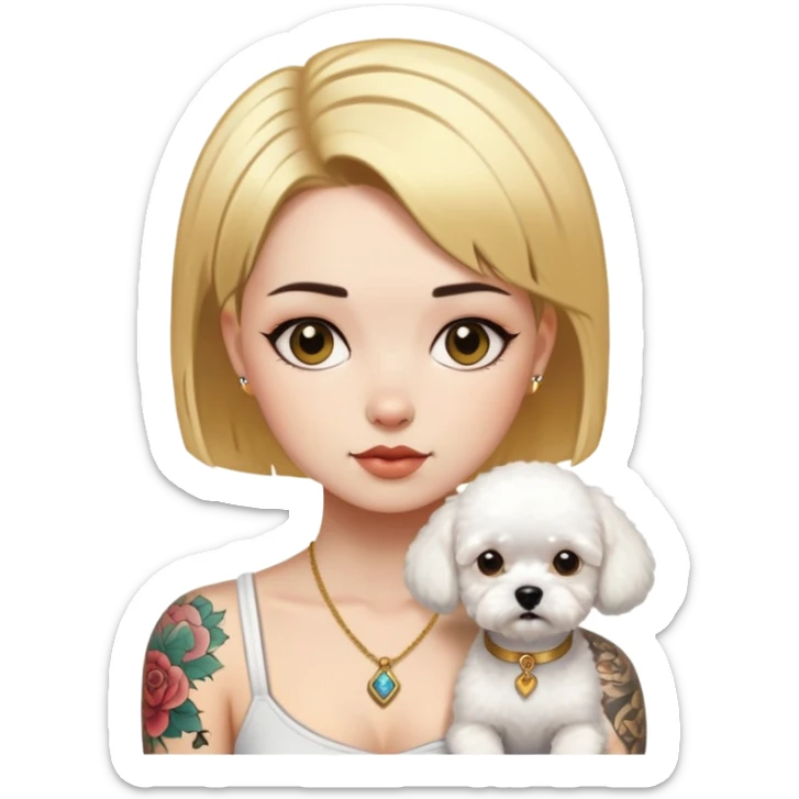 a  girl with glod  straight short hair and tattoos and a Bishon frise sticker