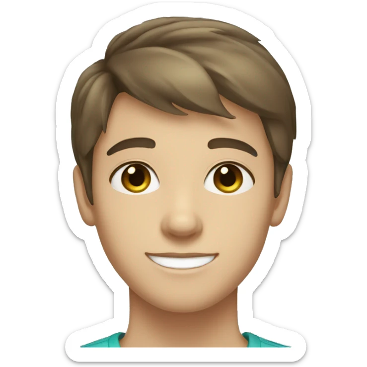 Brown hair teen boy with medium short hair, blue-greenish eyes smiling sticker