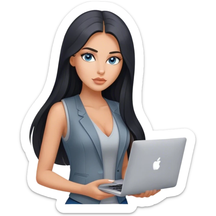 Glamours tanned very beautiful girl with pump peach nude lips and black straight smooth long hair, blue-grey eyes in grey v-neck vest only vest with MacBook sticker