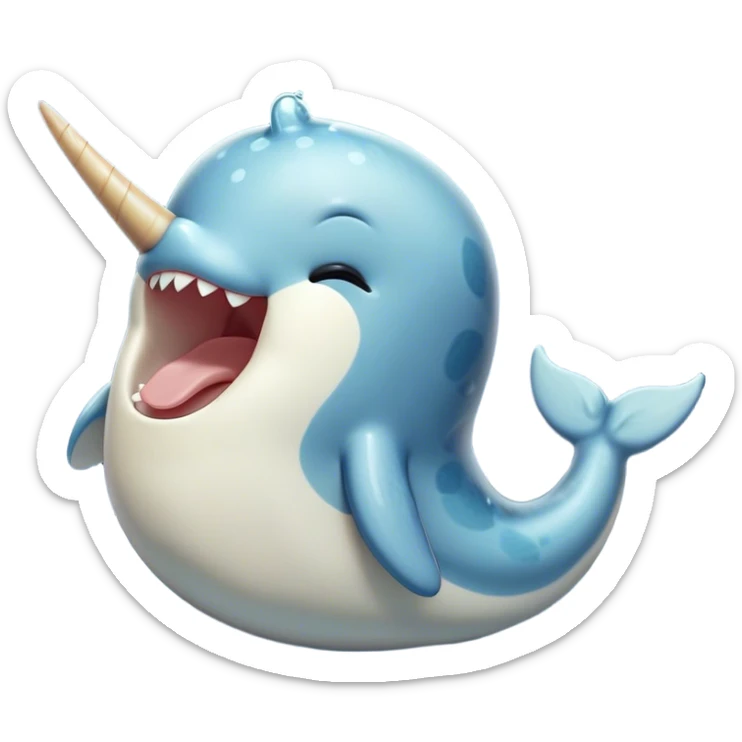 Cinematic Cute Yawning Narwhal Portrait Emoji, Head tilted slightly with a dramatic, wide-open yawn, showcasing a streamlined, mottled body with a gracefully curled ivory tusk and sleepy, half-closed eyes, Simplified yet irresistibly adorable features, highly detailed, glowing with a soft, cozy arctic glow, high shine, relaxed yet expressive, stylized with a hint of whimsical marine ease, soft glowing outline, capturing the essence of a drowsy yet affectionate narwhal that appears ready to stretch out for a nap! sticker