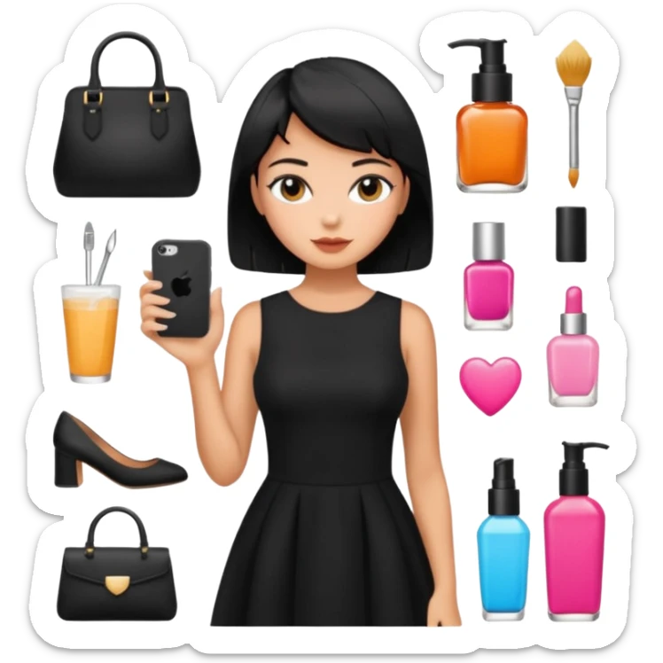 black short hair tanned woman, black dress girly things sticker