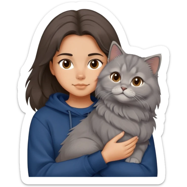 Brunette girl with dark blue sweatshirt snuggling a fluffy grey Siberian cat, cute cartoon style sticker