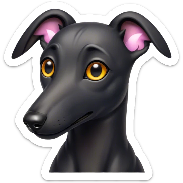 Cinematic Cute Black Greyhound Portrait Emoji, Head tilted playfully and inquisitively, featuring a smooth, shiny jet-black Fur and round, sparkling dark eyes filled with curiosity, Simplified yet irresistibly adorable features, highly detailed, glowing with a warm, friendly glow, high shine, affectionate and agile, stylized with a touch of whimsy, bright and endearing, soft glowing outline, capturing the essence of a mischievous yet loving racer, so playful it feels like it could dash out of the screen and into your arms! sticker