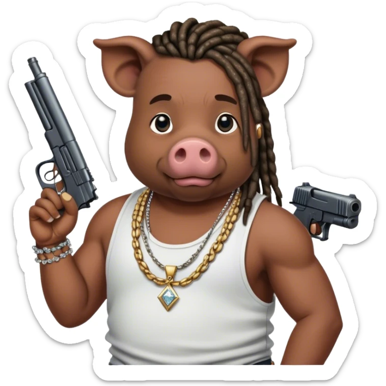 african-american race pig with dreads looking gangster with gun and tank top, with diamond blinging chain sticker