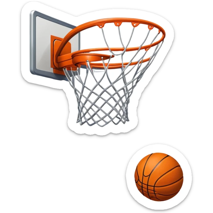 A close-up of a basketball shield and hoop with the ball swishing through the net, captured mid-air. The background emphasizes the tension and excitement of the moment, with the rim and net in sharp focus, showcasing the precision and skill of the sport. sticker