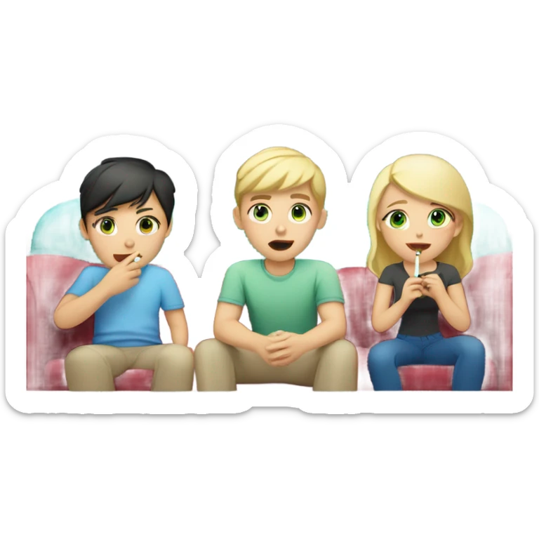 Brunette asian girl, blonde boy with blue eyes and a blonde girl with green eyes smoking whilst watching tv sticker